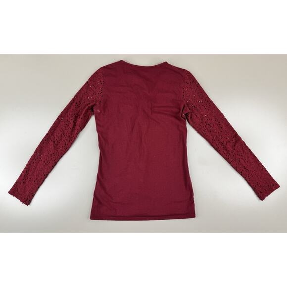 Hollister Y2K Womens Crochet Lace Long Sleeve Top S Burgundy Boho V-Neck Tie - Picture 11 of 12